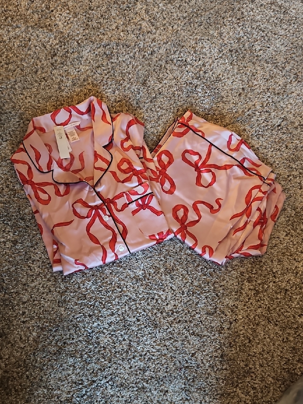 Victorias Secret Pink Satin Pajama Set with Red Bow Print